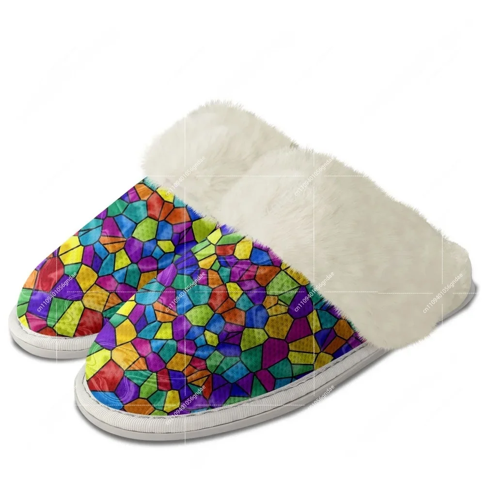 Men Shoes Winter - Sandal Rumah Bulu Lembut Multiwarna Abstrak