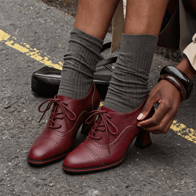 Oxford Brogue Leather - Sepatu Oxford Wanita dengan Hak Brogue